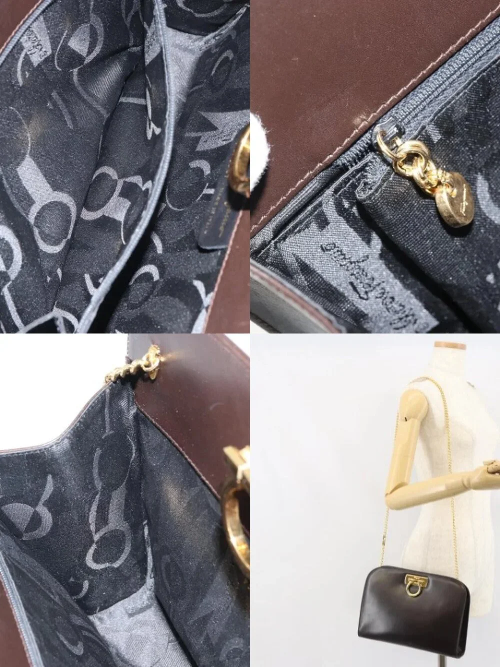 Salvatore Ferragamo Gancini Chain Shoulder Bag Leather Brown Gold Auth 166439
